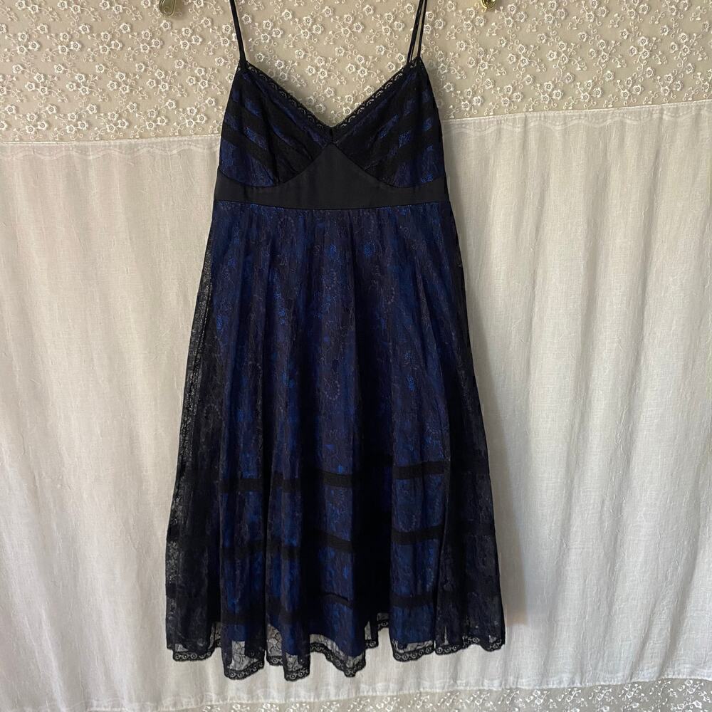 Betsey Johnson New York 90's black label silk black lace overlay blue dress sz 8